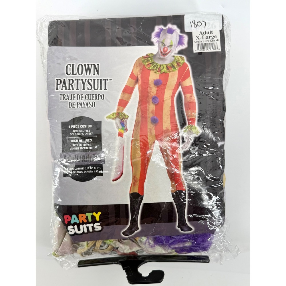 Party Suits Evil Clown Halloween Costume Adult XL Red Yellow Striped Scary Mask